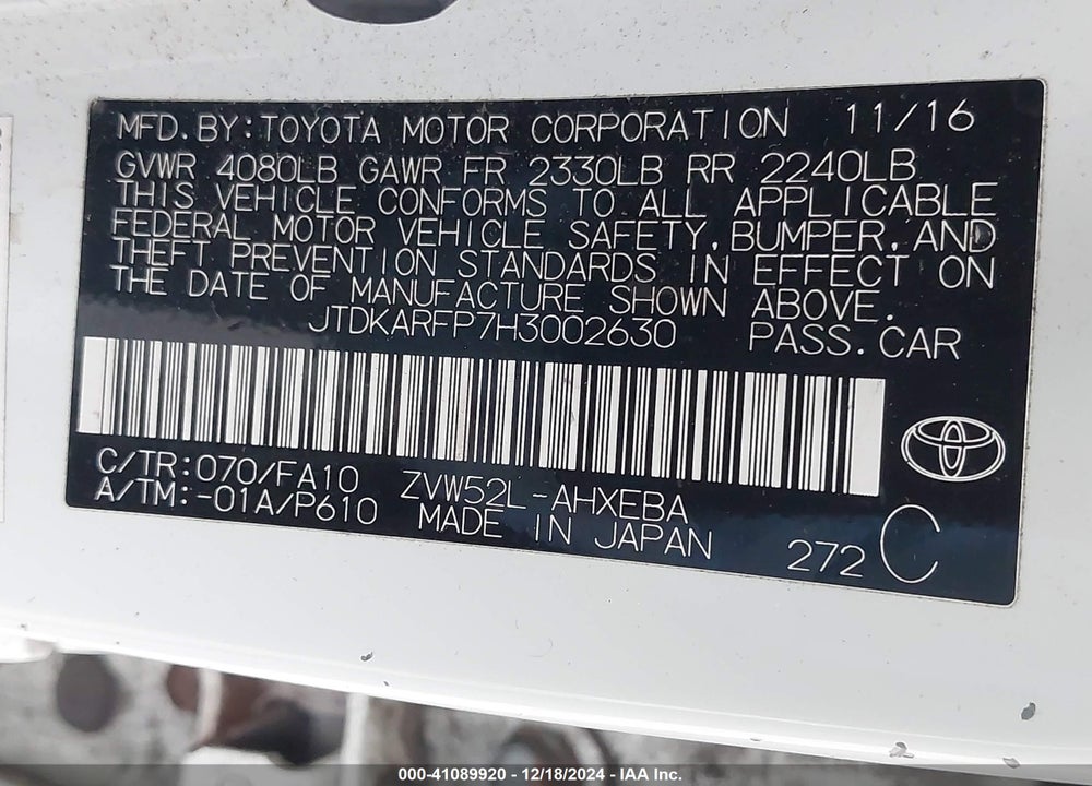 2017 TOYOTA PRIUS PRIME ADVANCED VIN: JTDKARFP7H3002630
