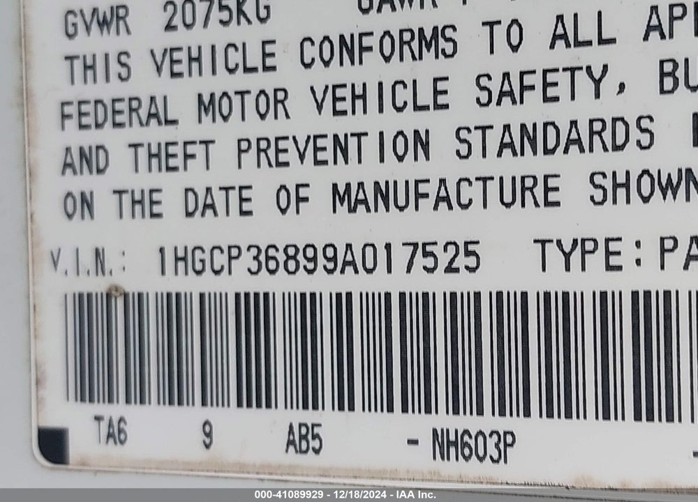 2009 HONDA ACCORD 3.5 EX-L VIN: 1HGCP36899A017525