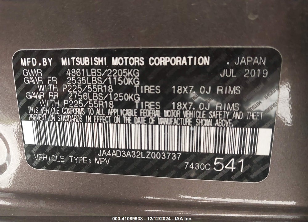 2020 MITSUBISHI OUTLANDER SE 2.4 VIN: JA4AD3A32LZ003737