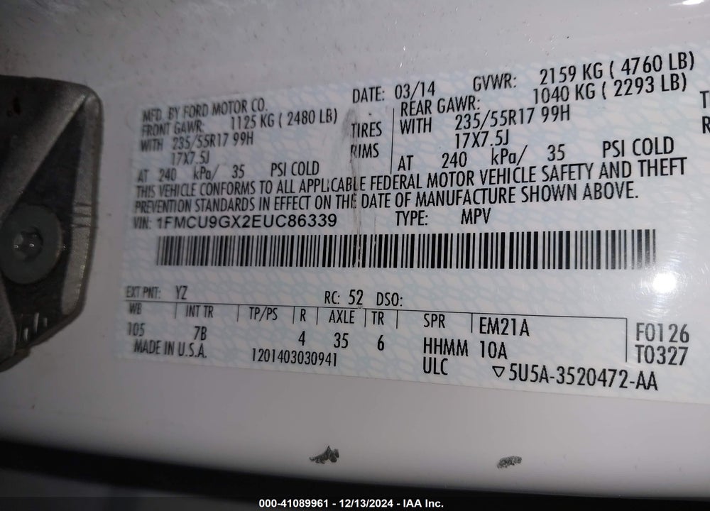 2014 FORD ESCAPE SE VIN: 1FMCU9GX2EUC86339