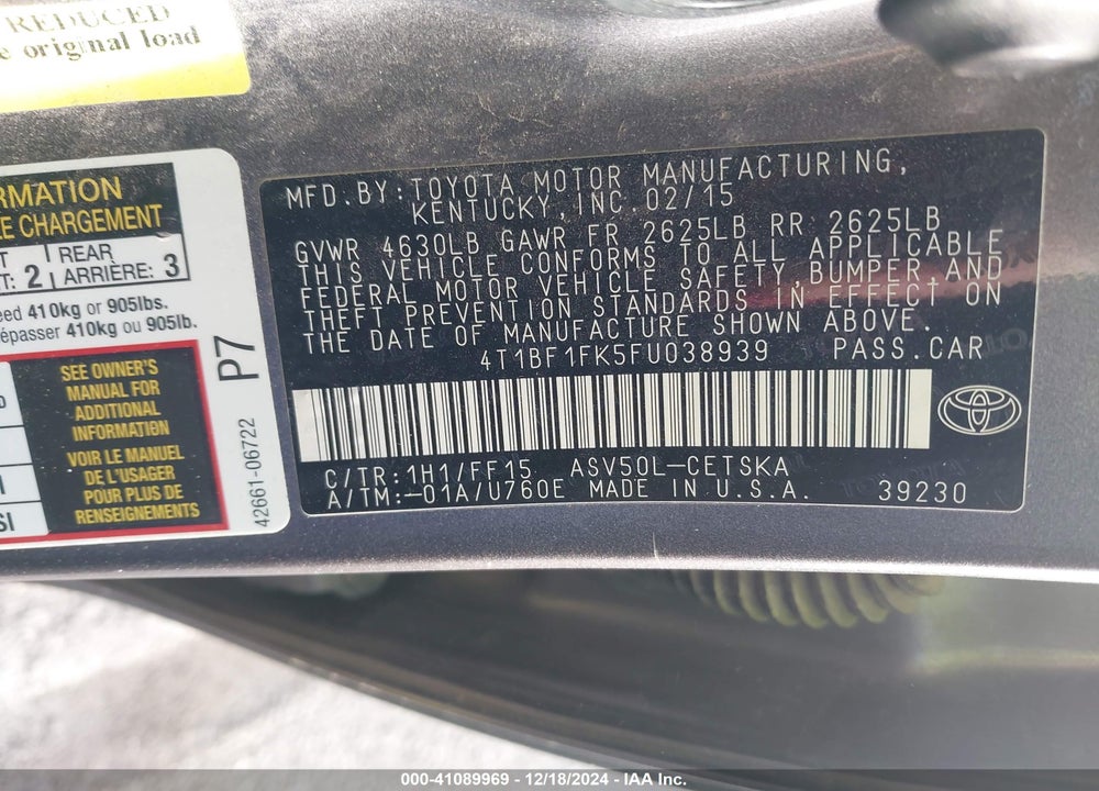 2015 TOYOTA CAMRY SE VIN: 4T1BF1FK5FU038939
