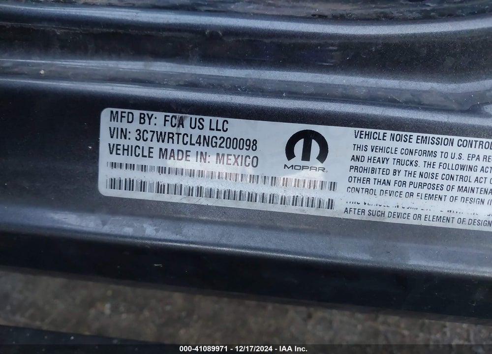 2022 RAM 3500 CHASSIS TRADESMAN/SLT/LAIE/LIMITED VIN: 3C7WRTCL4NG200098