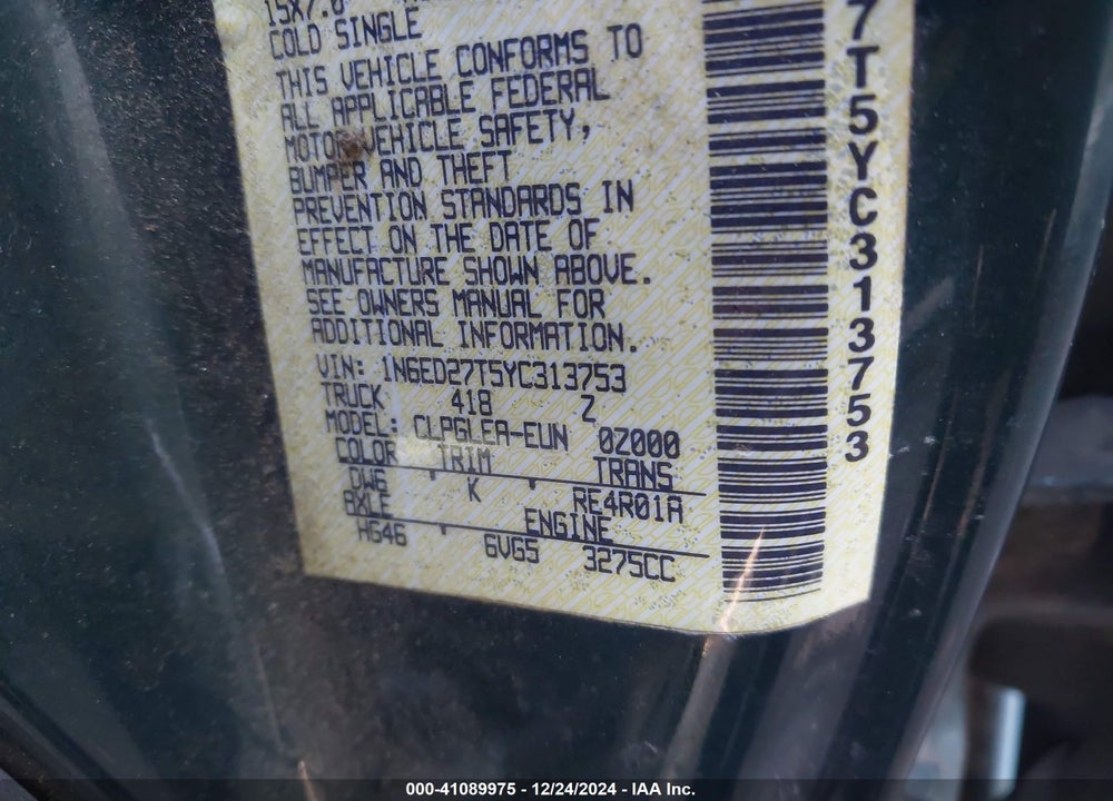 2000 NISSAN FRONTIER SE-V6/XE-V6 VIN: 1N6ED27T5YC313753
