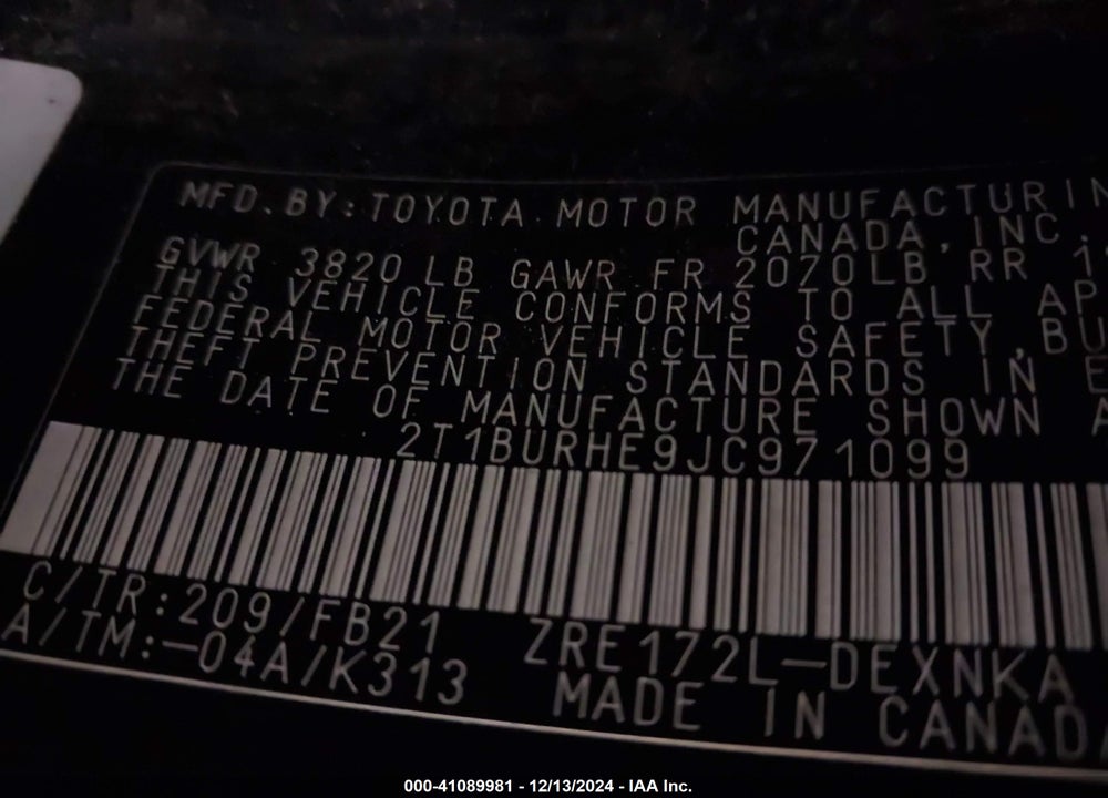 2018 TOYOTA COROLLA LE VIN: 2T1BURHE9JC971099