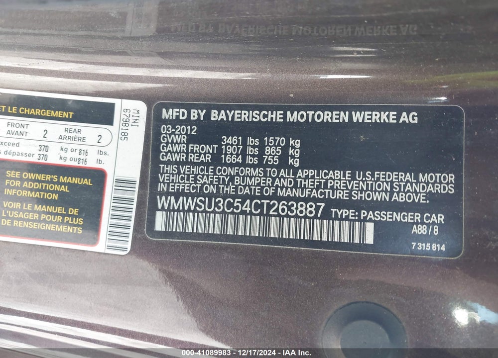 2012 MINI COOPER VIN: WMWSU3C54CT263887