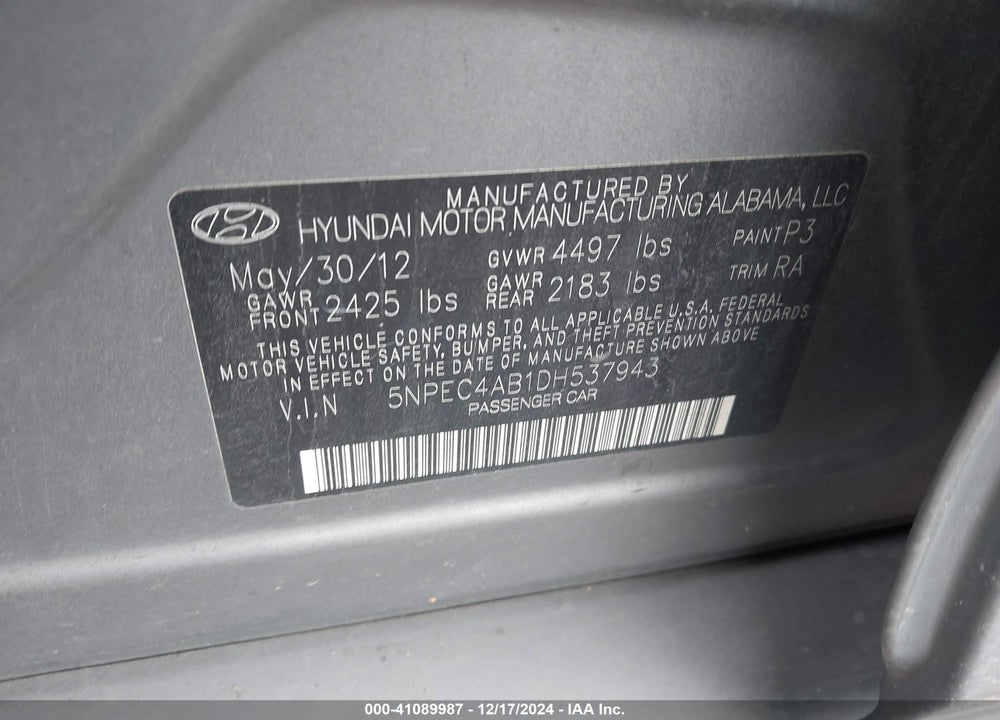 2013 HYUNDAI SONATA SE 2.0T VIN: 5NPEC4AB1DH537943