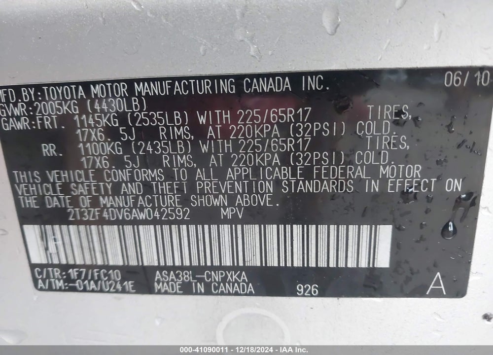 2010 TOYOTA RAV4 VIN: 2T3ZF4DV6AW042592