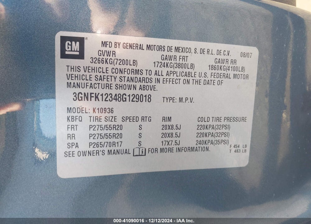 2008 CHEVROLET AVALANCHE 1500 LTZ VIN: 3GNFK12348G129018