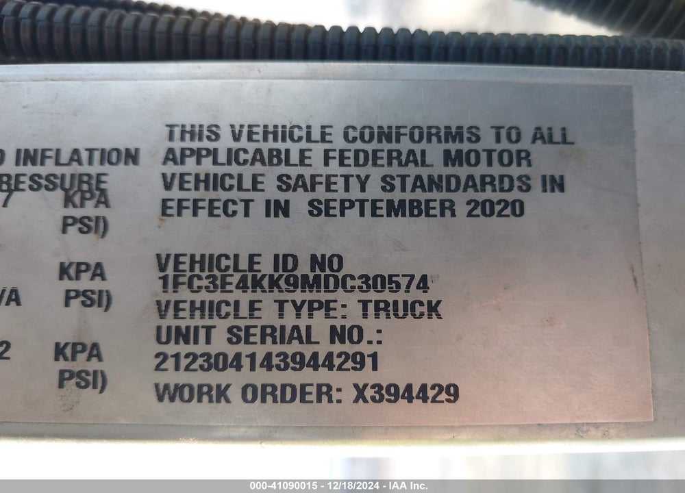 2021 FORD E450 E450 SUPER DUTY COMMERCIAL STRIPPED CHASSIS VIN: 1FC3E4KK9MDC30574