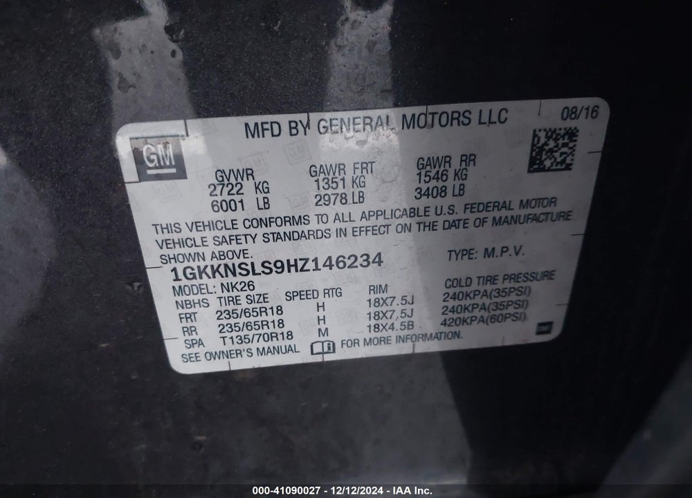 2017 GMC ACADIA SLE-2 VIN: 1GKKNSLS9HZ146234