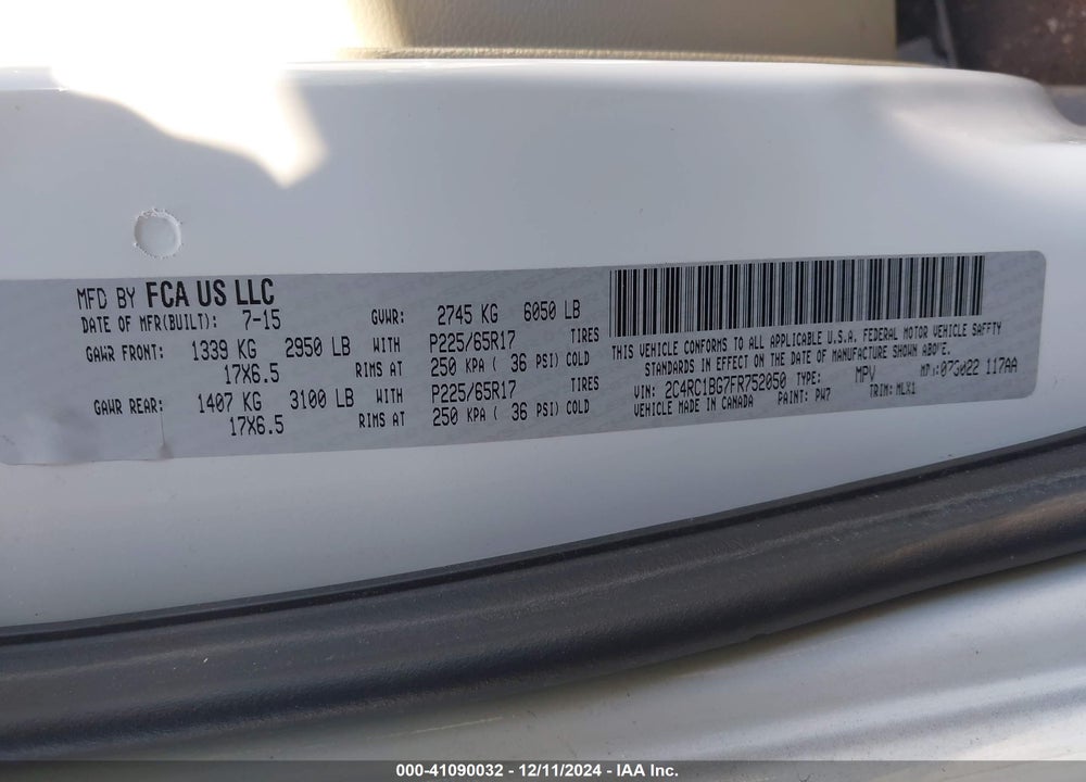 2015 CHRYSLER TOWN & COUNTRY VIN: 2C4RC1BG7FR752050