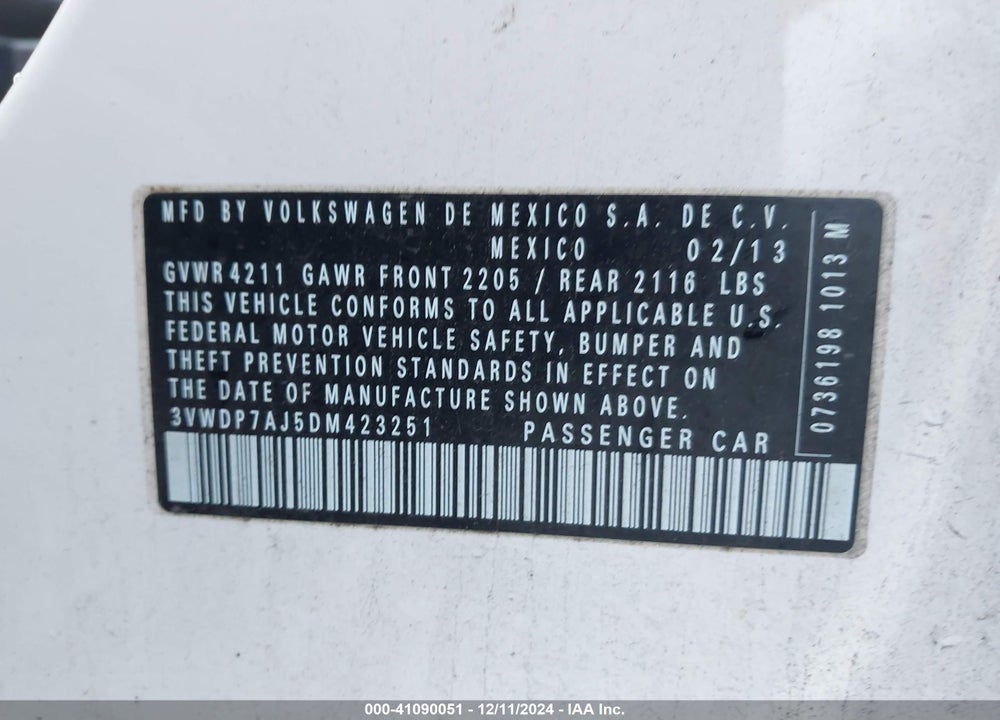 2013 VOLKSWAGEN JETTA 2.5L SE VIN: 3VWDP7AJ5DM423251