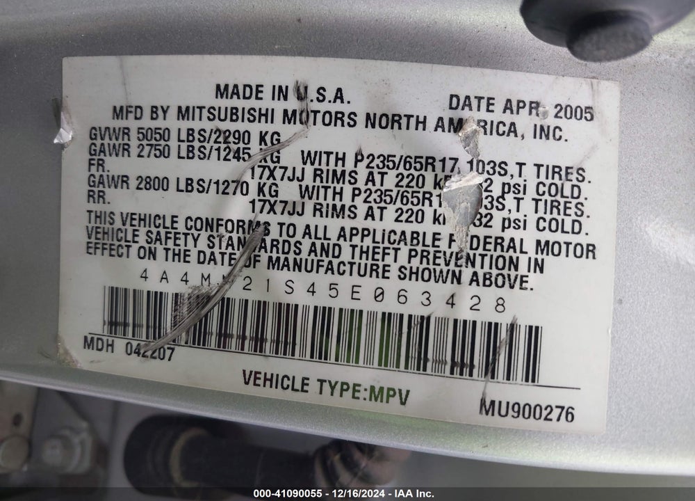 2005 MITSUBISHI ENDEAVOR LS VIN: 4A4MM21S45E063428