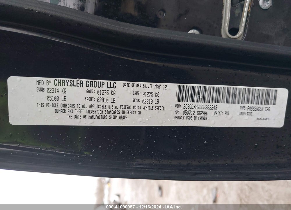 2012 DODGE CHARGER SXT VIN: 2C3CDXHG8CH282243