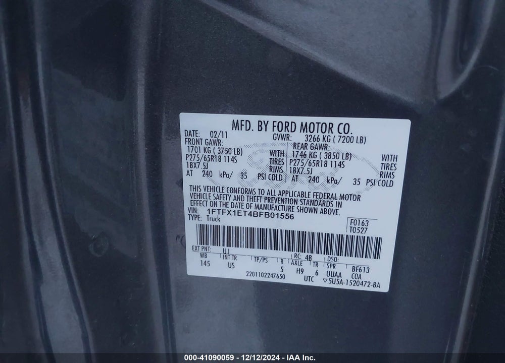 2011 FORD F-150 VIN: 1FTFX1ET4BFB01556