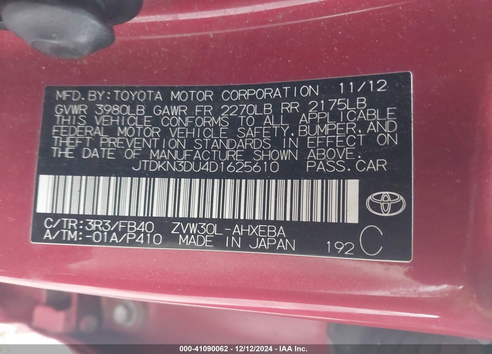 2013 TOYOTA PRIUS VIN: JTDKN3DU4D1625610
