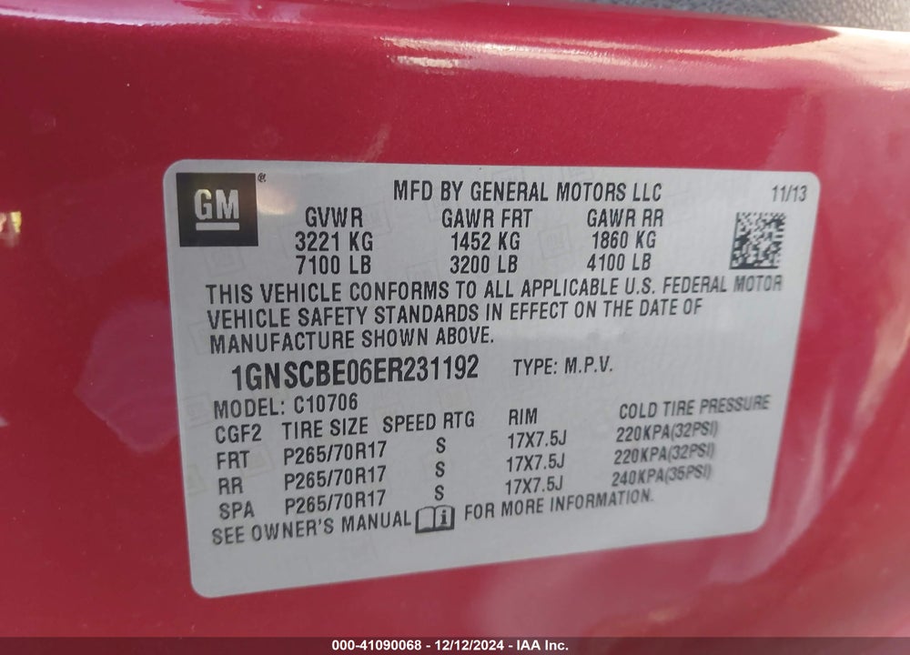 2014 CHEVROLET TAHOE LT VIN: 1GNSCBE06ER231192