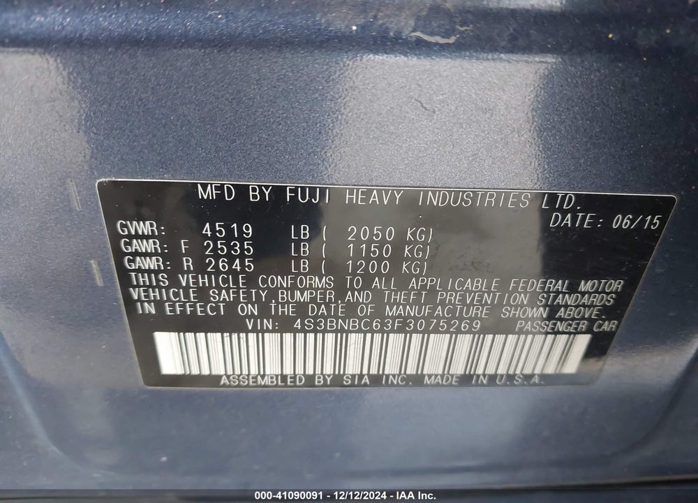 2015 SUBARU LEGACY VIN: 4S3BNBC63F3075269