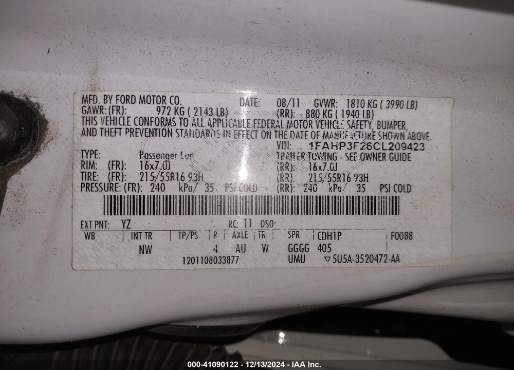 2012 FORD FOCUS VIN: 1FAHP3F26CL209423
