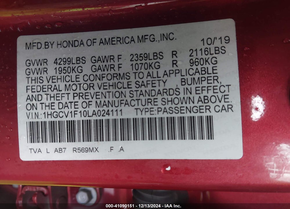2020 HONDA ACCORD VIN: 1HGCV1F10LA024111