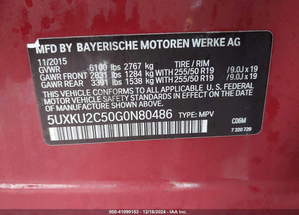 2016 BMW X6 XDRIVE35I VIN: 5UXKU2C50G0N80486