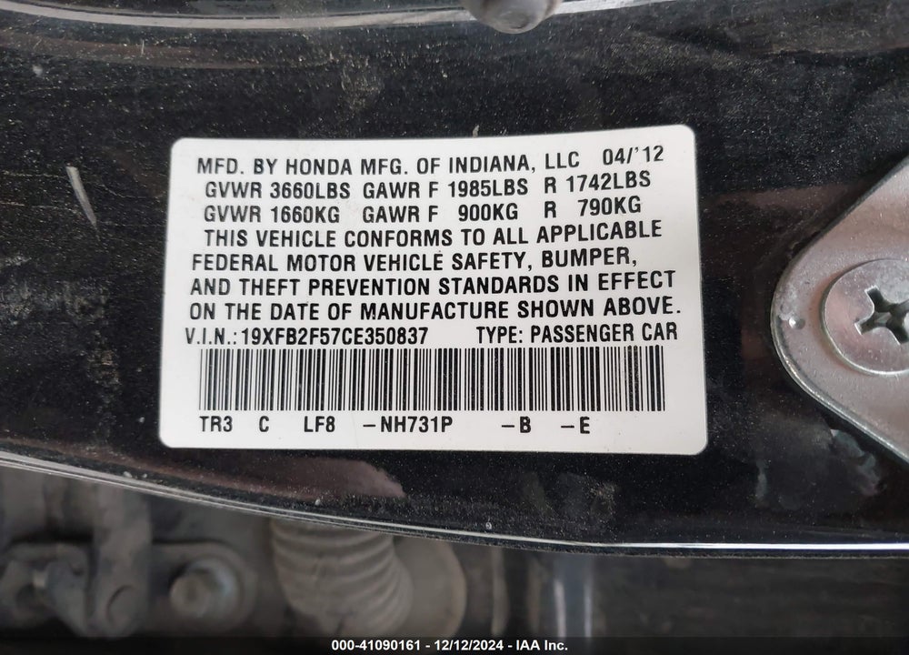 2012 HONDA CIVIC LX VIN: 19XFB2F57CE350837