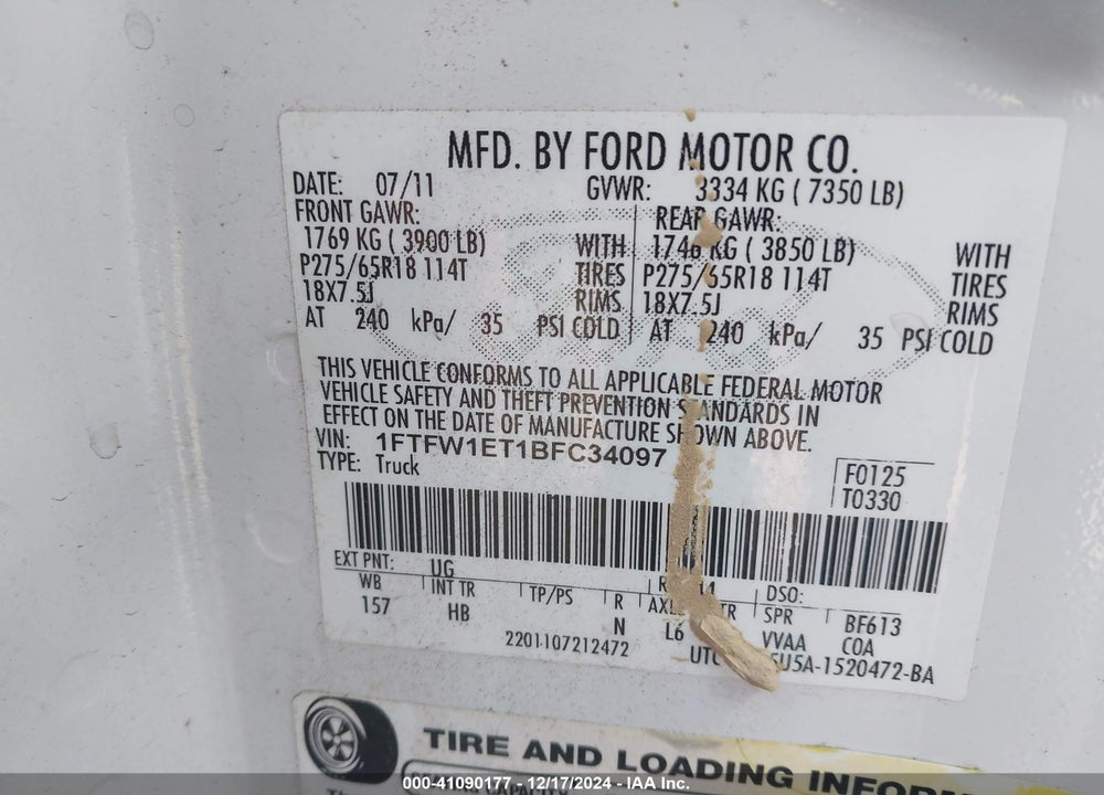 2011 FORD F-150 LARIAT VIN: 1FTFW1ET1BFC34097