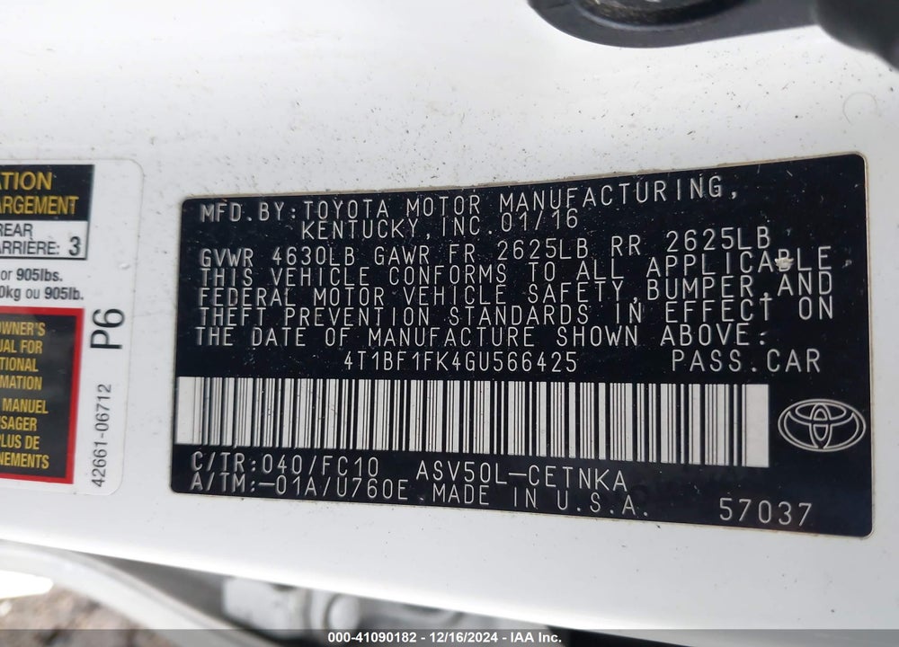 2016 TOYOTA CAMRY LE VIN: 4T1BF1FK4GU566425