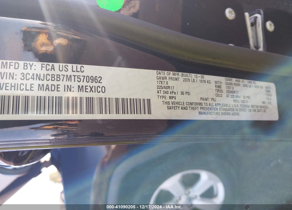 2021 JEEP COMPASS LATITUDE FWD VIN: 3C4NJCBB7MT570962