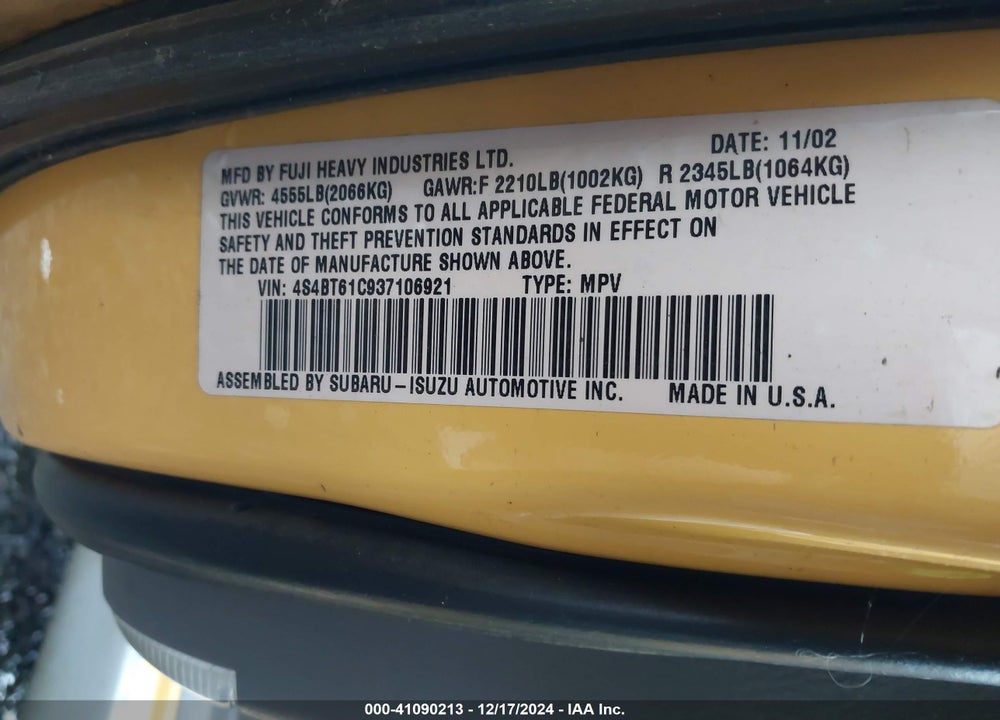 2003 SUBARU BAJA VIN: 4S4BT61C937106921