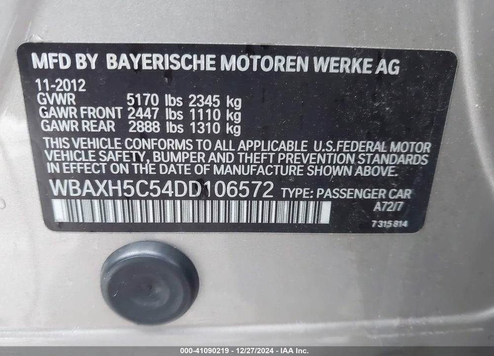 2013 BMW 528I VIN: WBAXH5C54DD106572