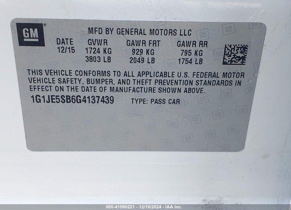 2016 CHEVROLET SONIC LTZ AUTO VIN: 1G1JE5SB6G4137439