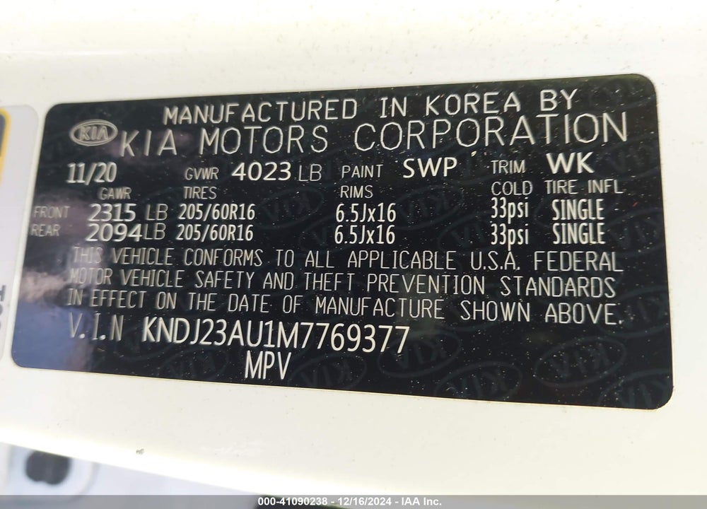 2021 KIA SOUL !/+/S VIN: KNDJ23AU1M7769377
