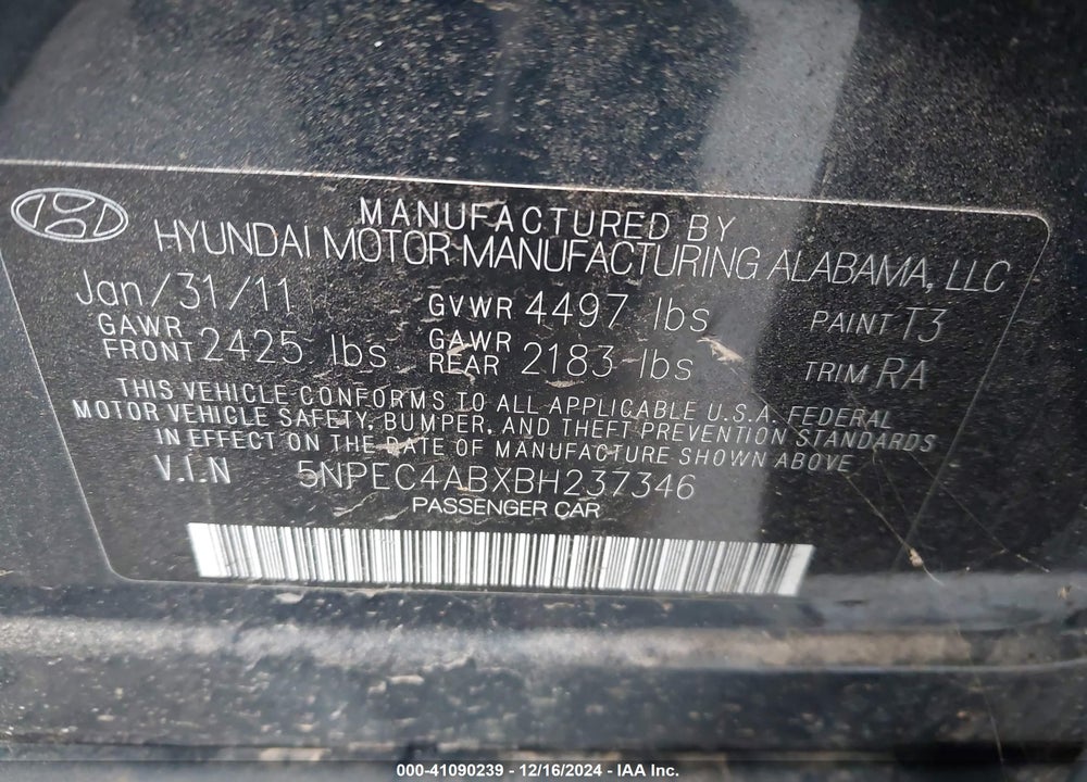 2011 HYUNDAI SONATA LIMITED 2.0T VIN: 5NPEC4ABXBH237346