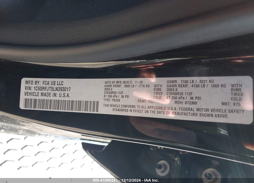 2020 RAM 1500 LAIE  4X4 5'7 BOX VIN: 1C6SRFJT5LN393017