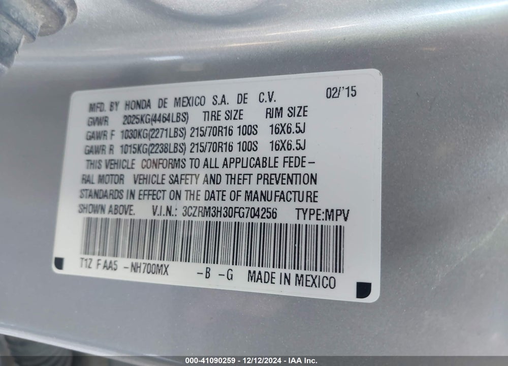 2015 HONDA CR-V LX VIN: 3CZRM3H30FG704256