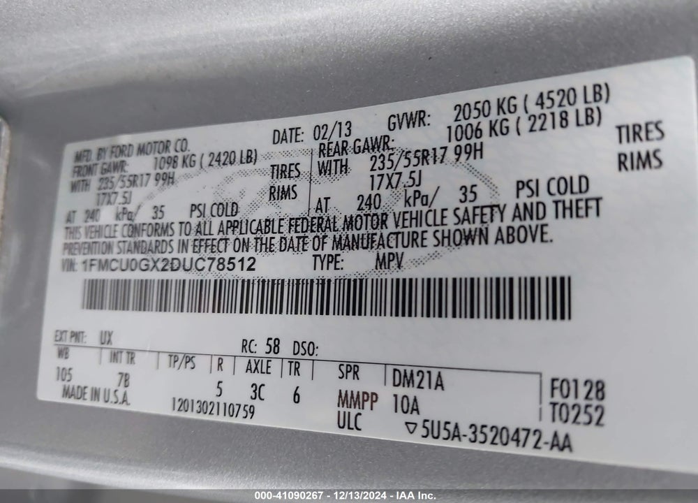 2013 FORD ESCAPE SE VIN: 1FMCU0GX2DUC78512