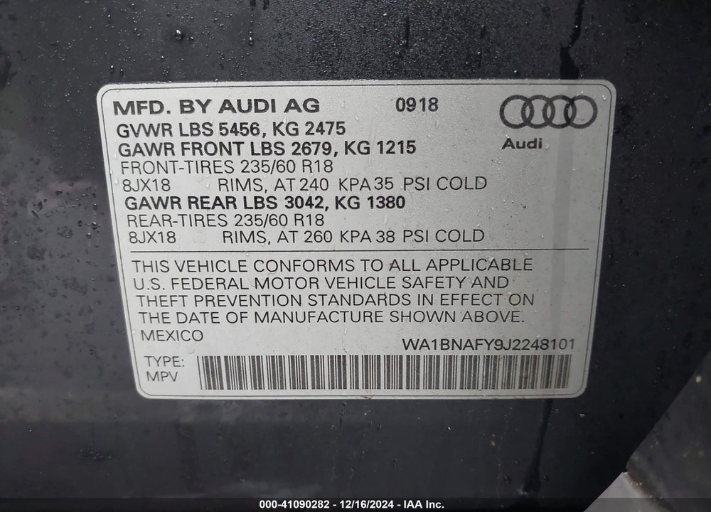 2018 AUDI Q5 2.0T PREMIUM/2.0T TECH PREMIUM VIN: WA1BNAFY9J2248101
