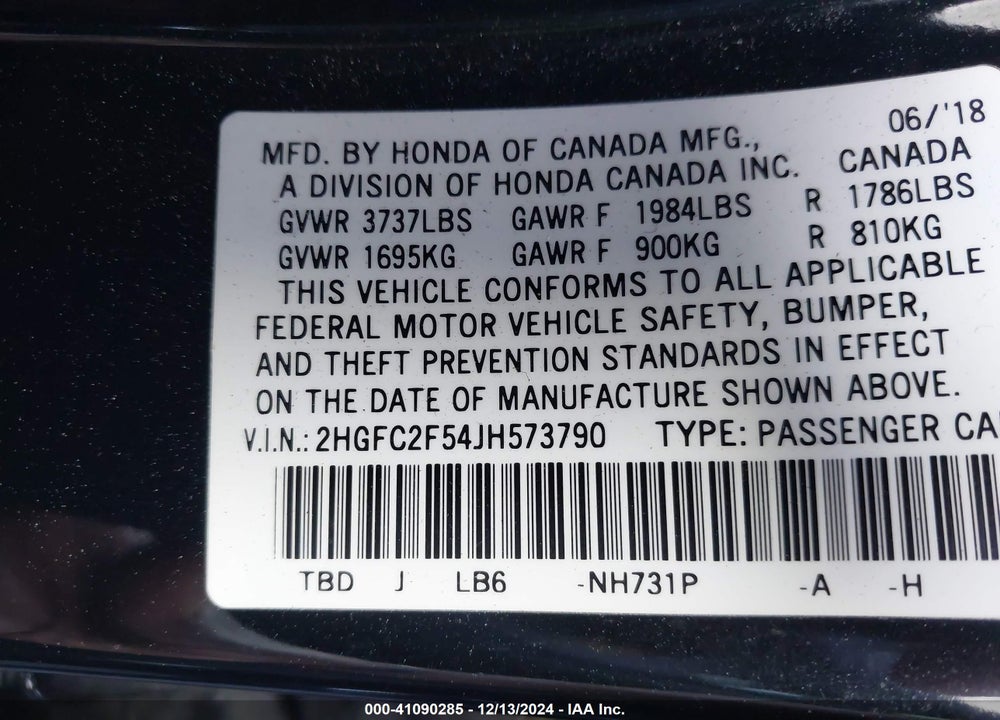 2018 HONDA CIVIC LX VIN: 2HGFC2F54JH573790