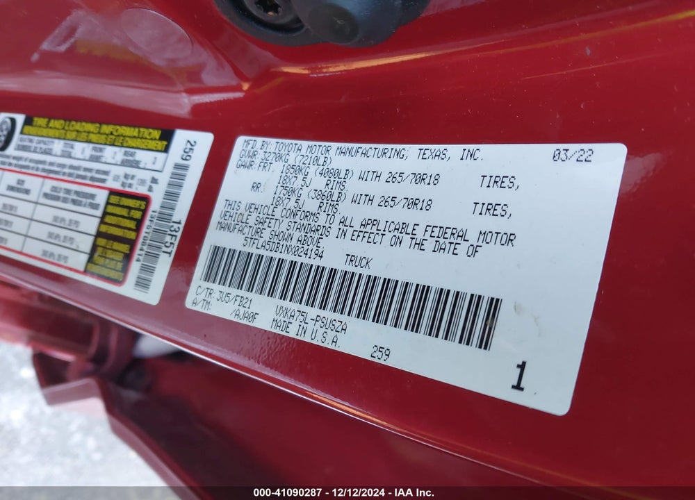 2022 TOYOTA TUNDRA VIN: 5TFLA5DB1NX024194