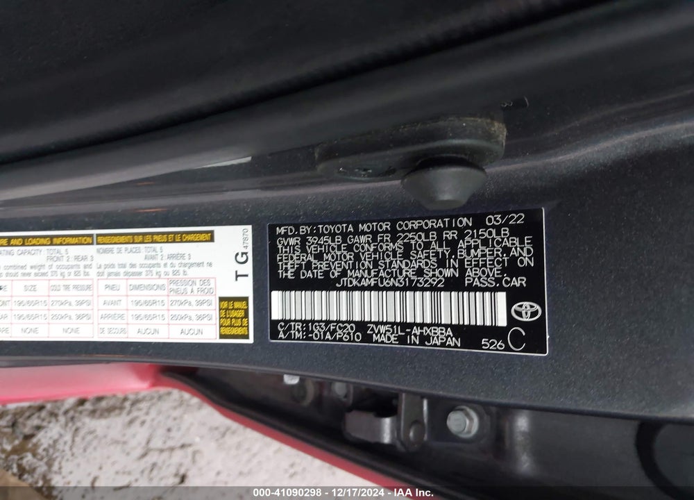 2022 TOYOTA PRIUS L VIN: JTDKAMFU6N3173292