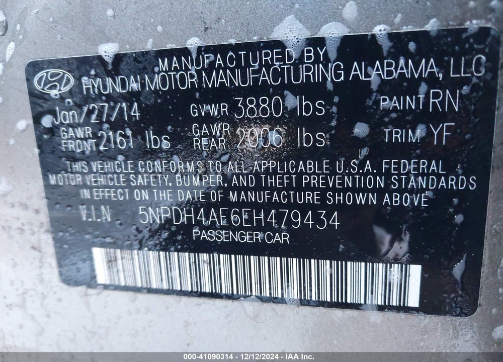 2014 HYUNDAI ELANTRA SE VIN: 5NPDH4AE6EH479434
