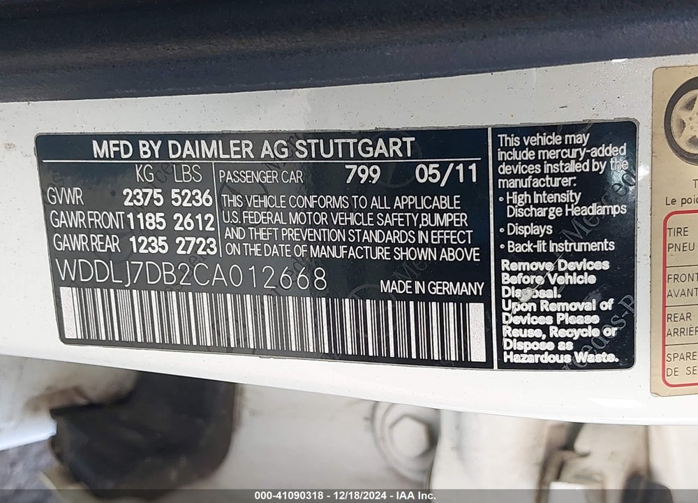 2012 MERCEDES-BENZ CLS 550 VIN: WDDLJ7DB2CA012668