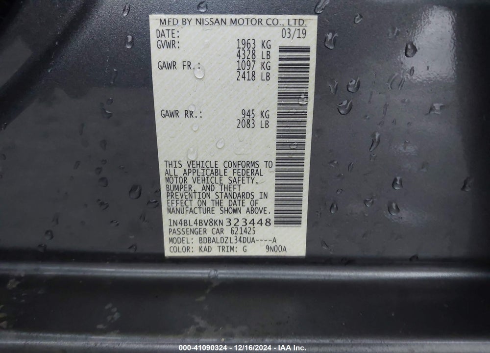 2019 NISSAN ALTIMA 2.5 S VIN: 1N4BL4BV8KN323448