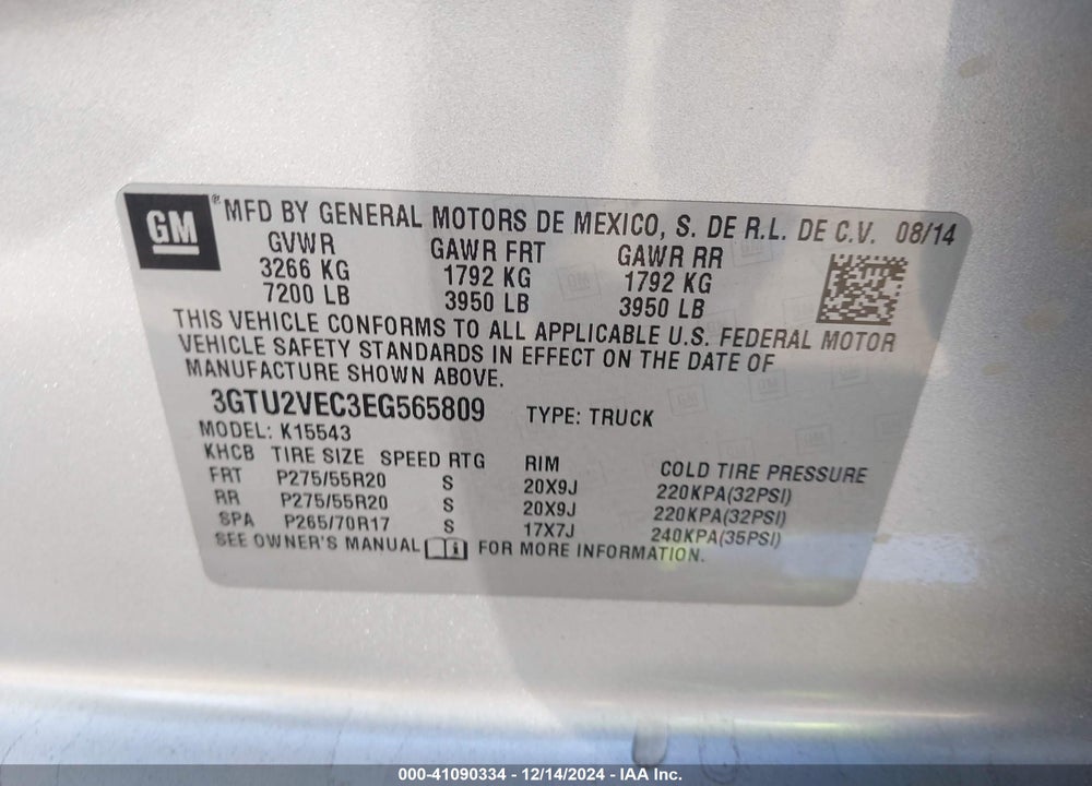 2014 GMC SIERRA VIN: 3GTU2VEC3EG565809