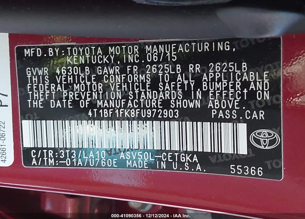 2015 TOYOTA CAMRY XLE VIN: 4T1BF1FK8FU972903