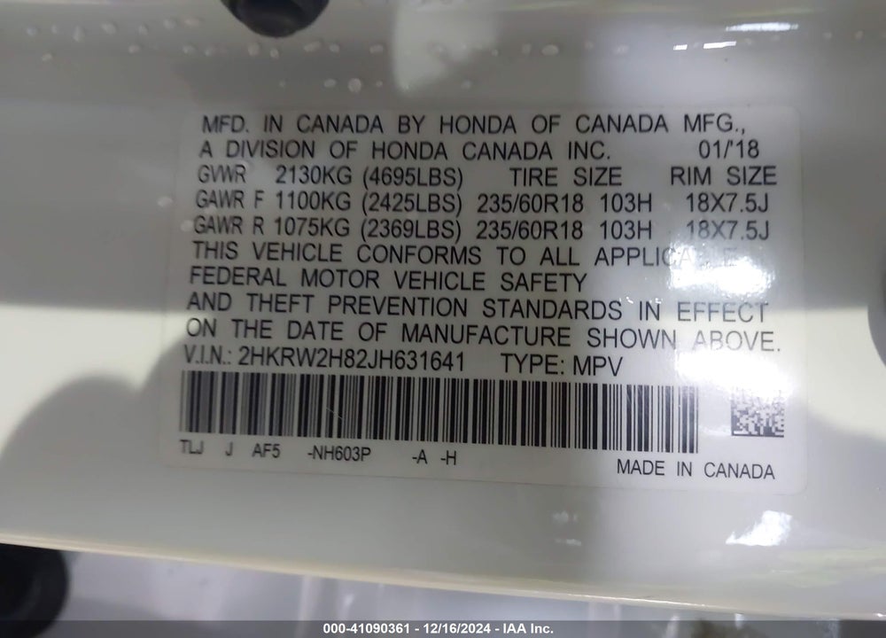 2018 HONDA CR-V EX-L/EX-L NAVI VIN: 2HKRW2H82JH631641