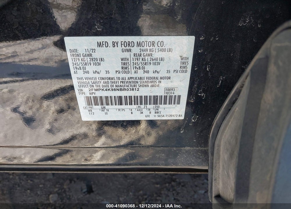 2022 FORD EDGE TITANIUM VIN: 2FMPK4K98NBB03812