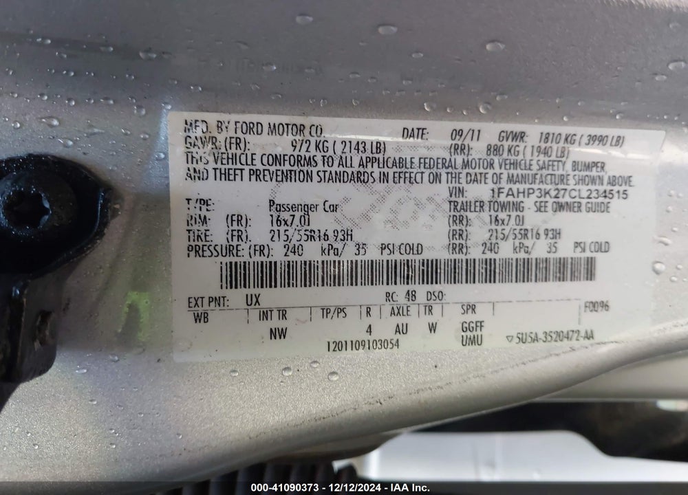 2012 FORD FOCUS VIN: 1FAHP3K27CL234515