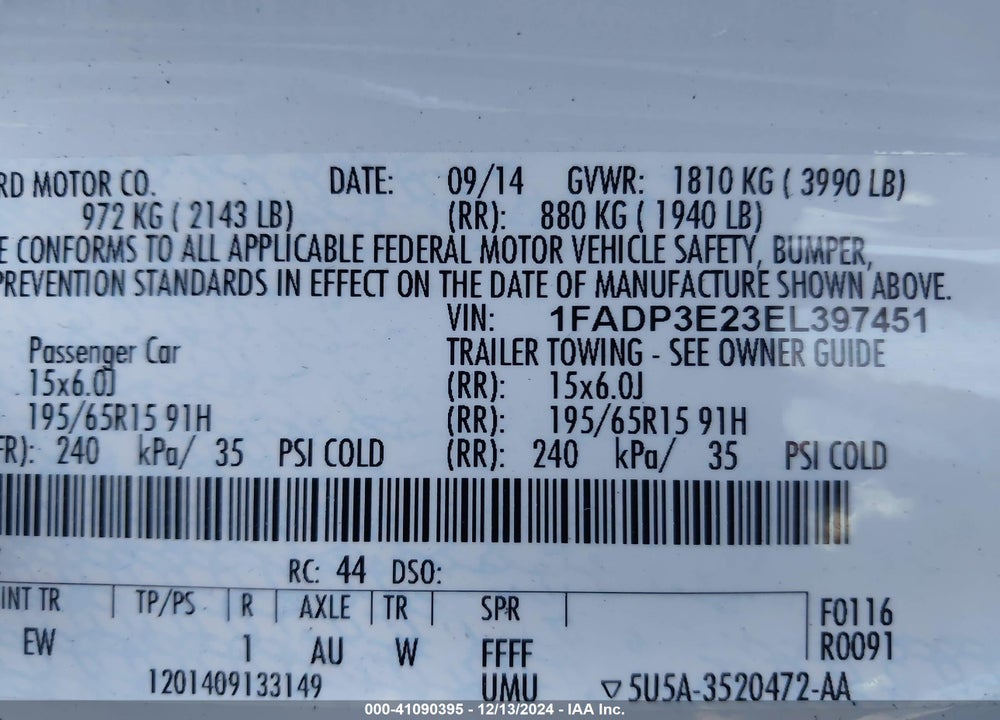 2014 FORD FOCUS S VIN: 1FADP3E23EL397451